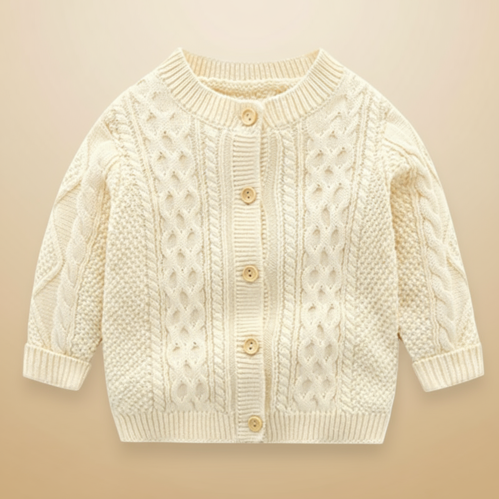 Cream round-neck baby cardigan with cable-knit panels and a button front