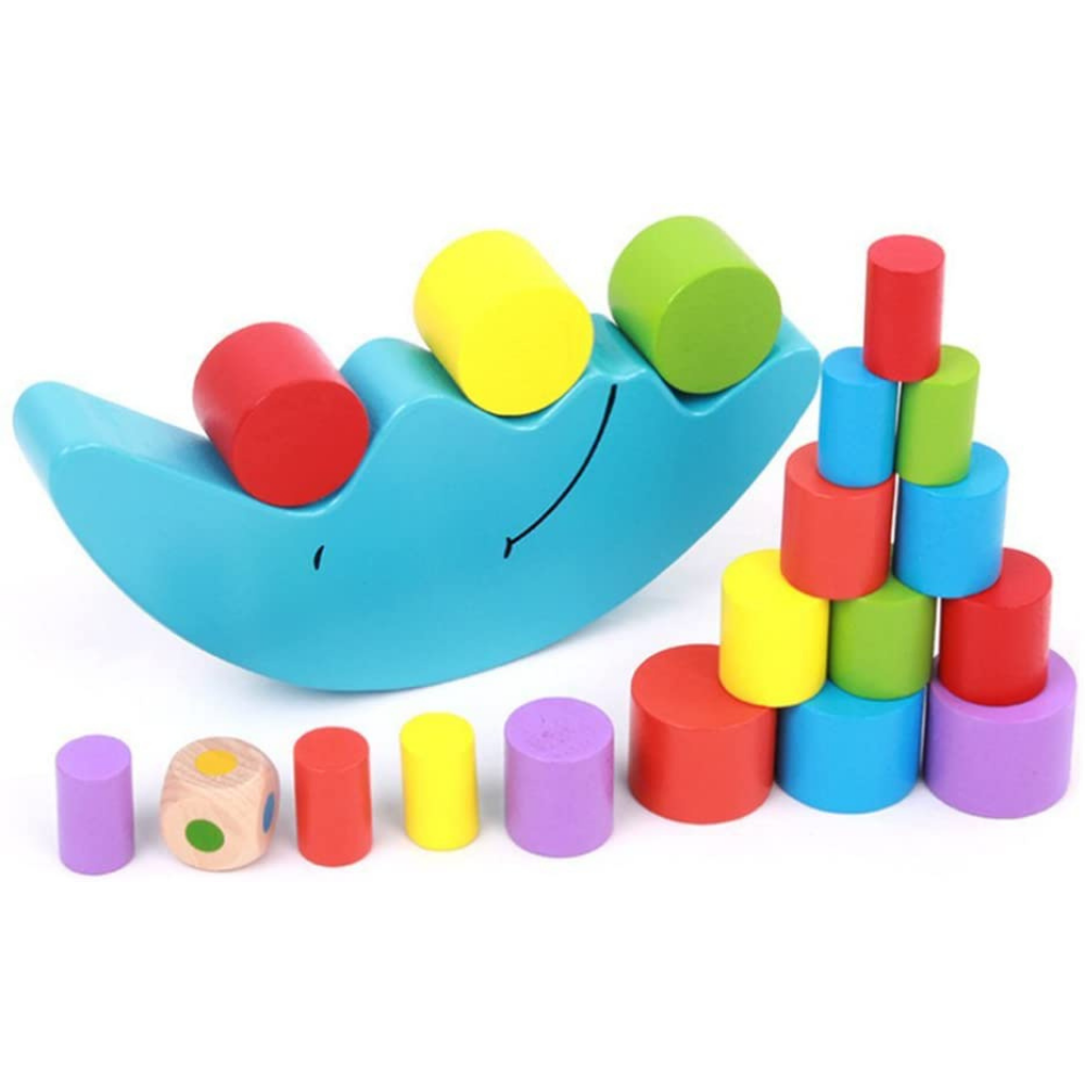 Wooden balancing set with a blue crescent base, colorful cylinders, and a color-dot die