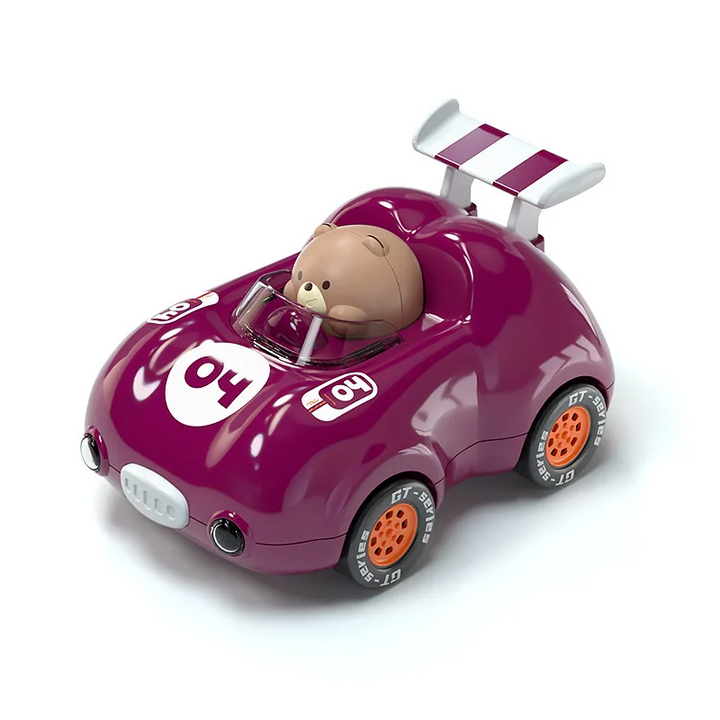 Crimson purple toy race car with bear driver, orange wheel centers and striped rear spoiler