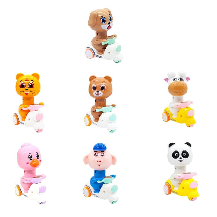Seven colorful motorcycle toy designs featuring dog, bear, cow, tiger, bird, pig, and panda riders
