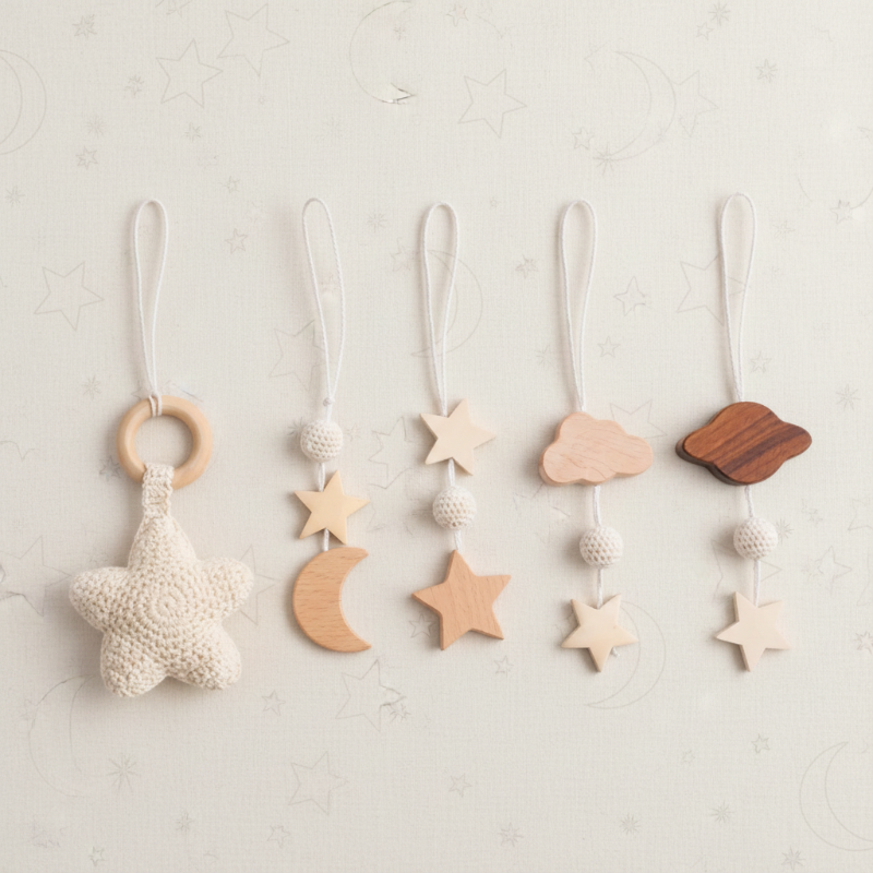 Star hanging toy set with a crocheted star, wooden stars, clouds, and a crescent moon.