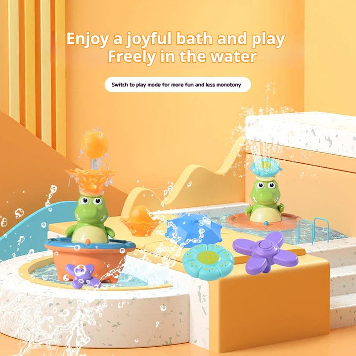 Crocodile bath fountains spraying water beside flower and clover attachments