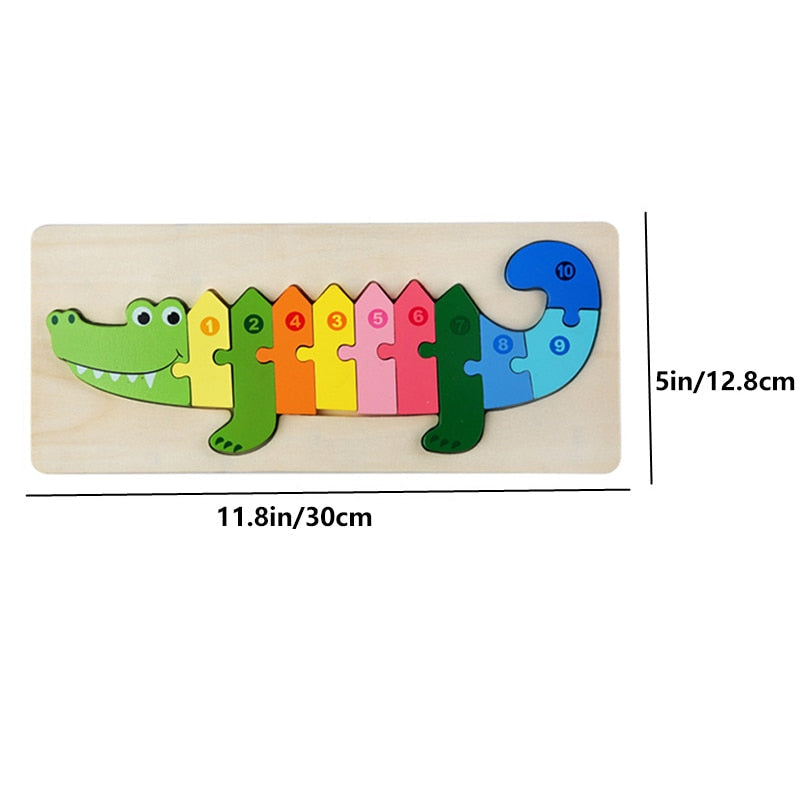 Crocodile wooden number puzzle with dimensions of 30 x 12.8 cm