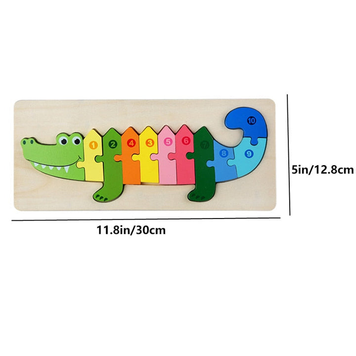 Crocodile wooden number puzzle with dimensions of 30 x 12.8 cm