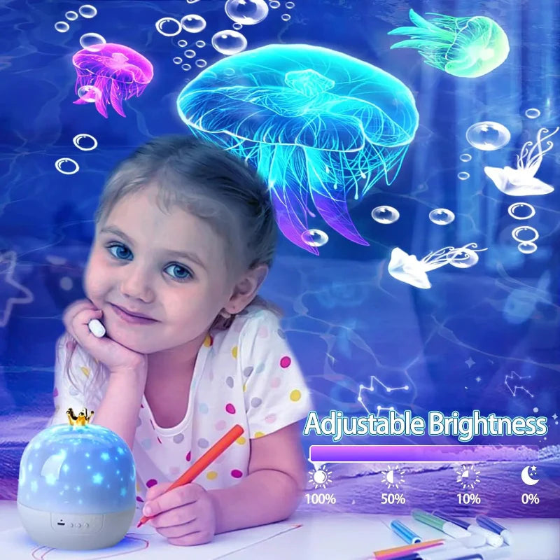 Child drawing beside the crown-style night light with a jellyfish scene and brightness-setting examples.