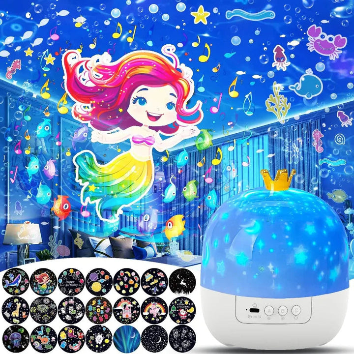 Mermaid-themed wall and ceiling projection with a white crown-style night light.