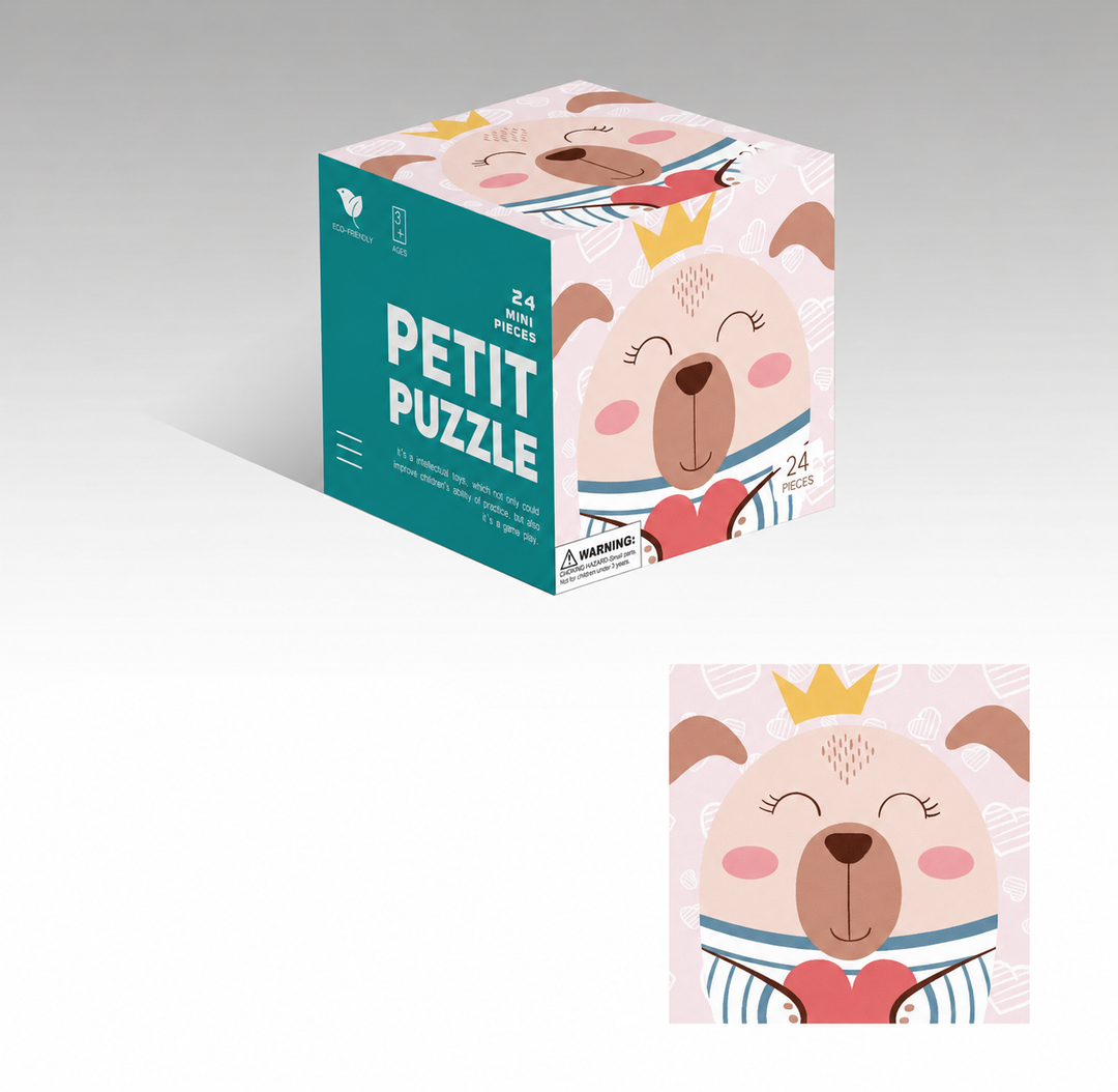 Dog character jigsaw puzzle with a crown, heart, and matching cube box
