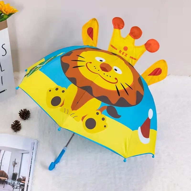Yellow and blue lion umbrella with a raised crown and blue curved handle