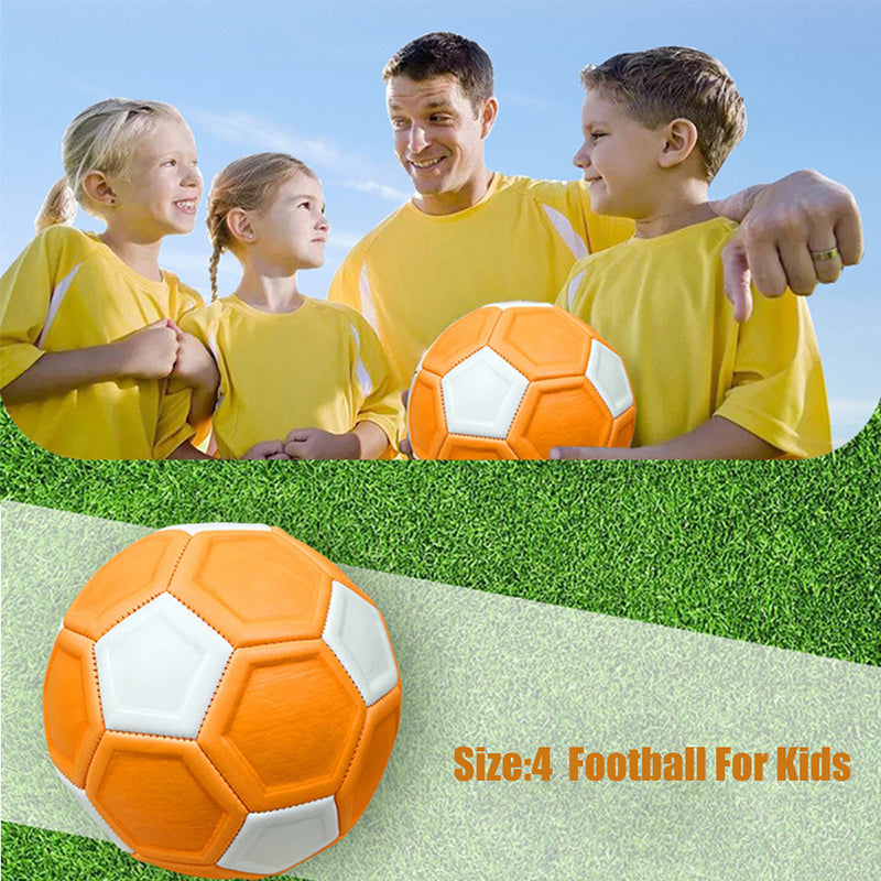 Family in yellow shirts with an orange-and-white soccer ball, above a close-up of the ball on grass.