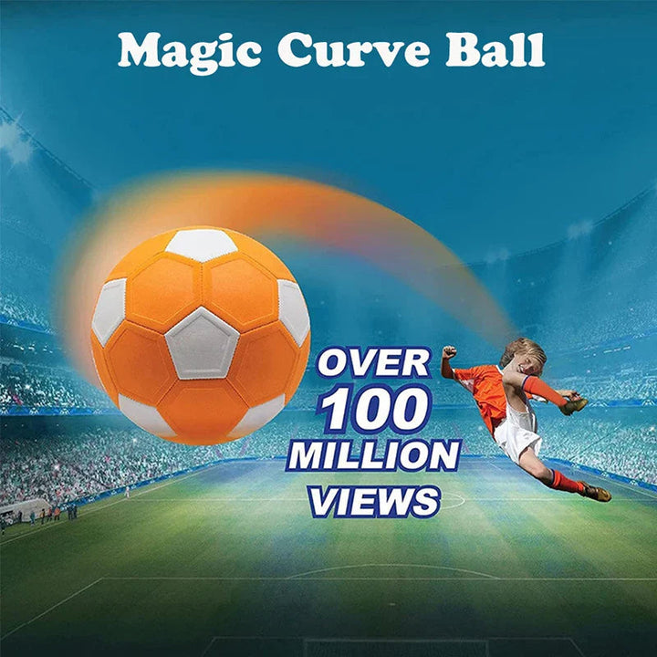 Orange-and-white soccer ball and a young player in a stadium-themed curve-shot graphic.