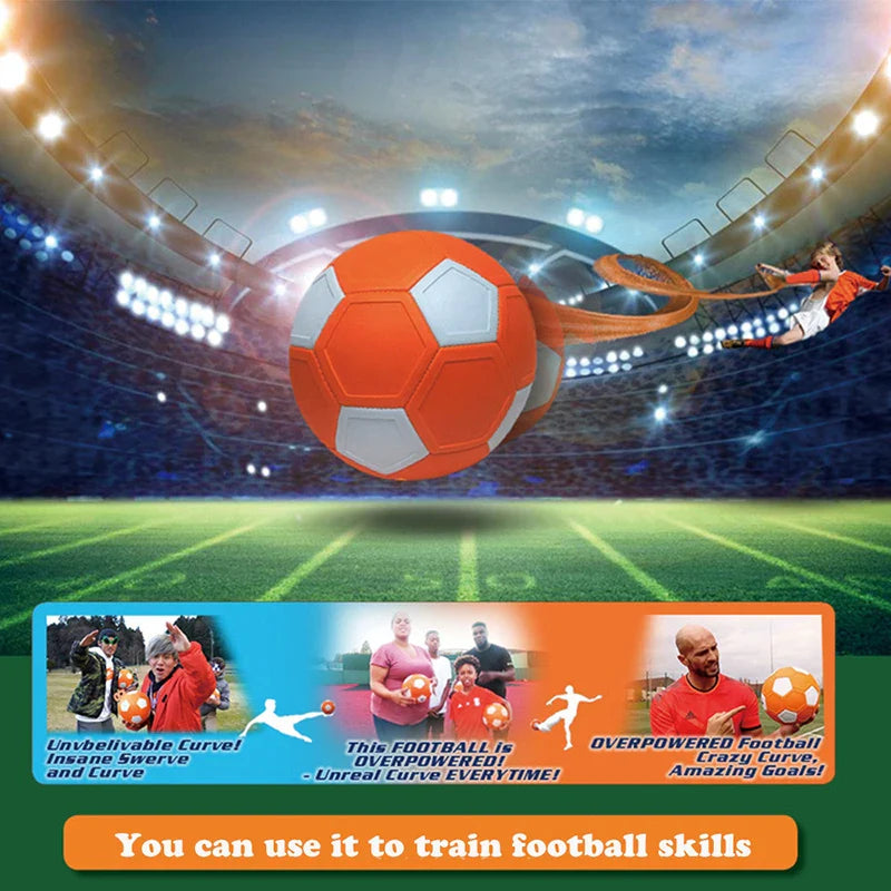Orange-and-white soccer ball above a stadium field with smaller soccer practice graphics below.