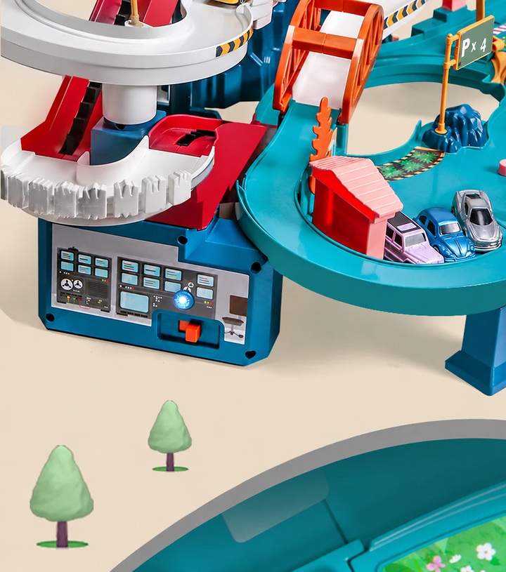 Detail of the dinosaur car playset showing curved lanes, toy cars, and a control panel.