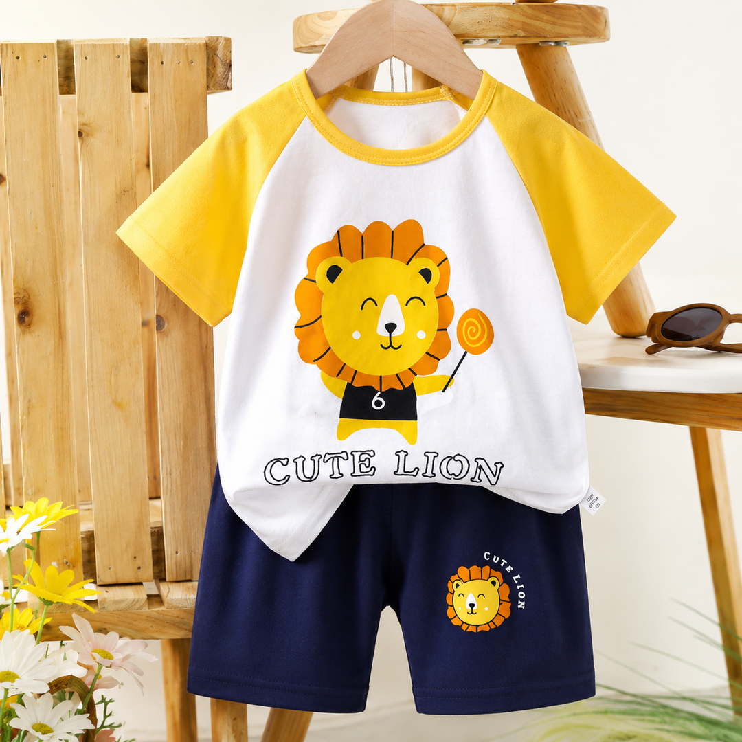 Cute Lion set with a white and yellow shirt and navy shorts.