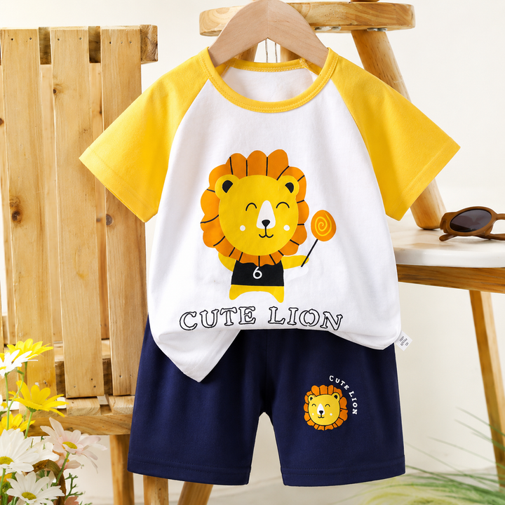 Cute Lion set with a white and yellow shirt and navy shorts.