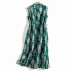 Sleeveless Long Ramie Dress with Breathable Fabric and Fish Design