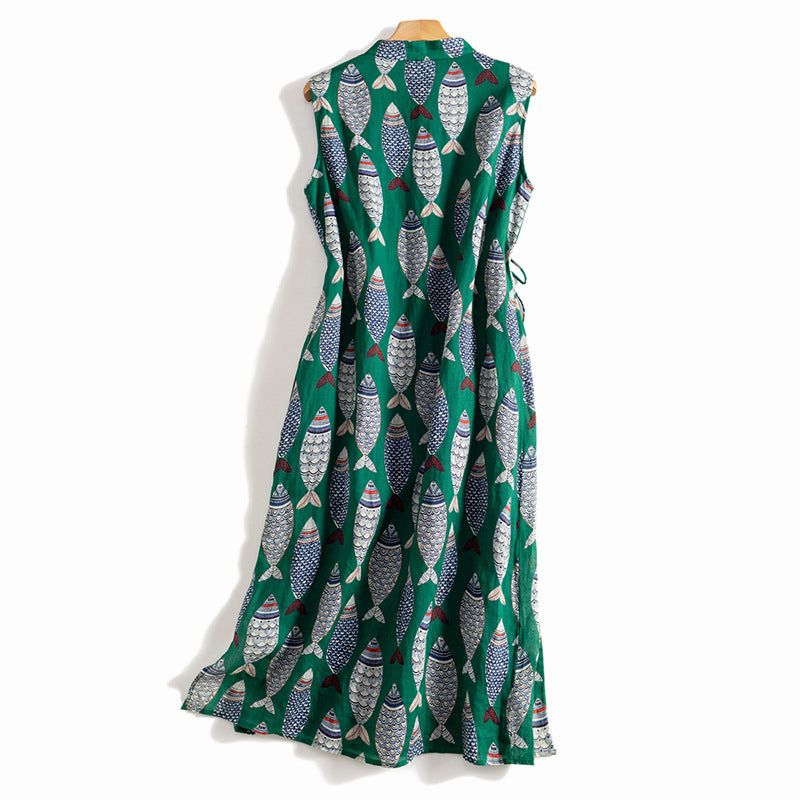 Sleeveless Long Ramie Dress with Breathable Fabric and Fish Design