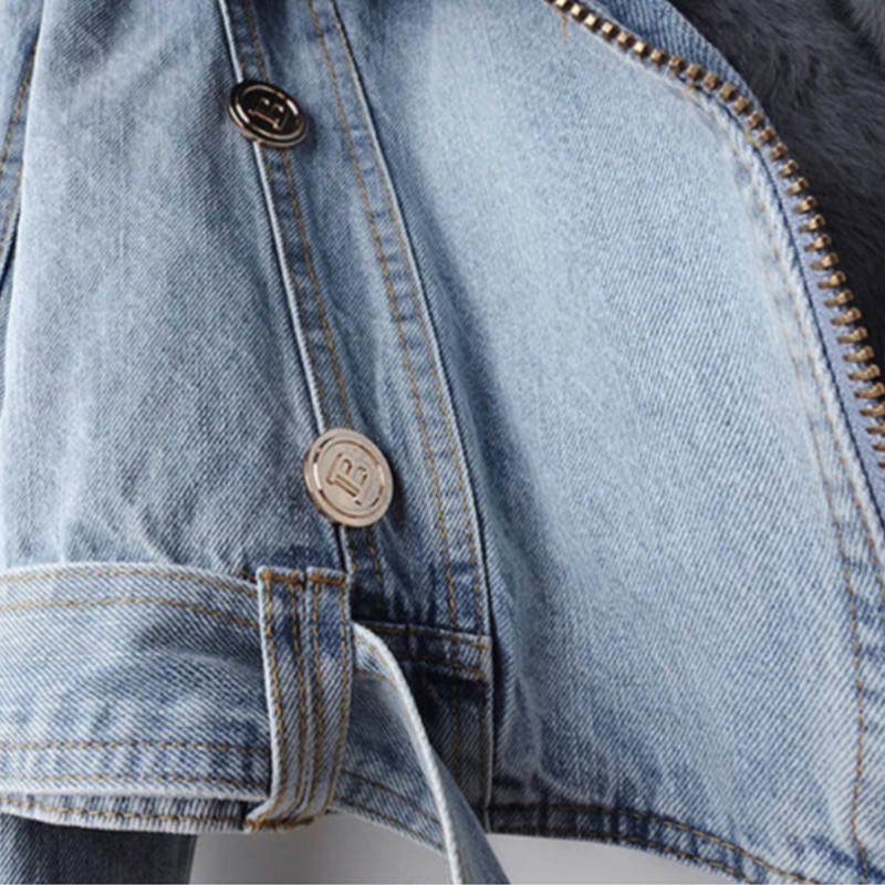 Selvedge Denim Jacket with Plush Fox Fur Cuffs and Lining