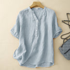 Lightweight Linen Blouse with Adjustable V-Neck and Rolled Sleeves