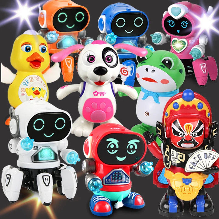 Colorful robot and animal dancing toys with expressive faces and light-up details