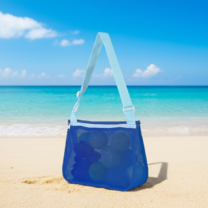 Dark blue mesh beach bag with a light blue adjustable shoulder strap