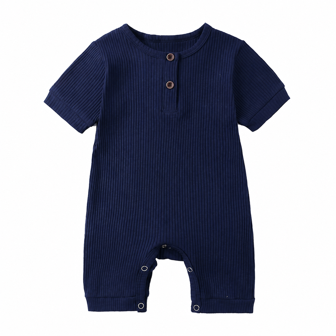 Dark blue ribbed cotton baby romper with short sleeves, two neckline buttons, and snap leg openings