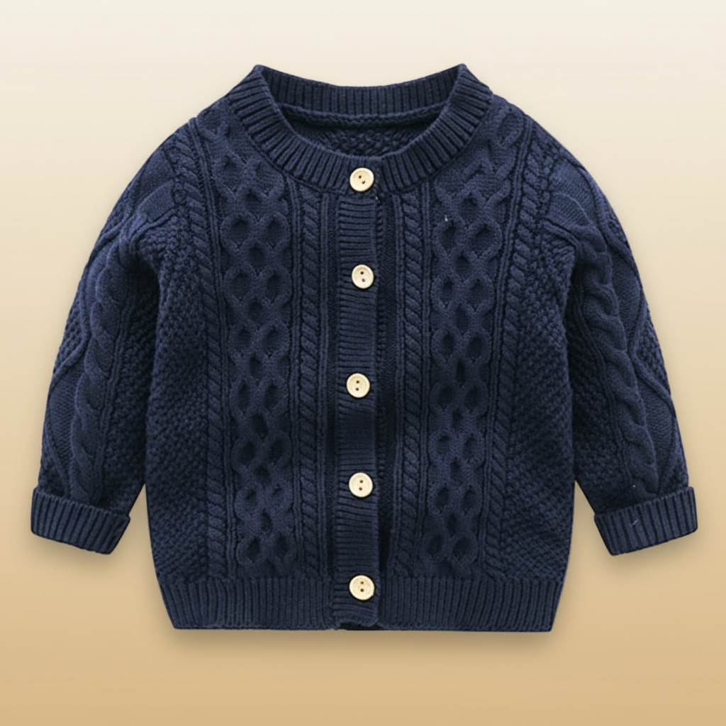 Dark blue round-neck baby cardigan with cable-knit panels and light-colored buttons