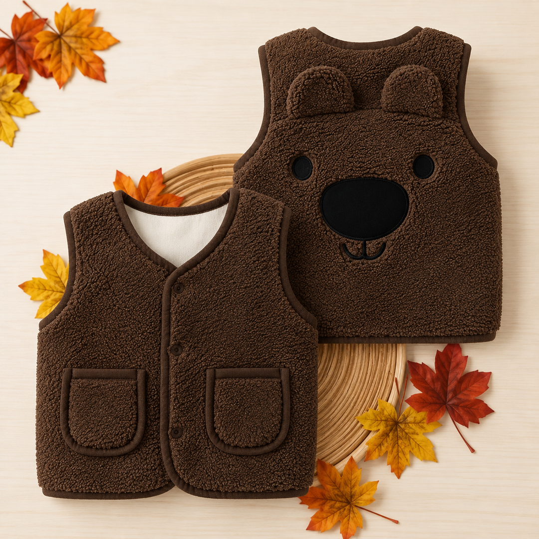 Dark brown bear fleece vest showing front buttons, pockets, and the bear design on the back.