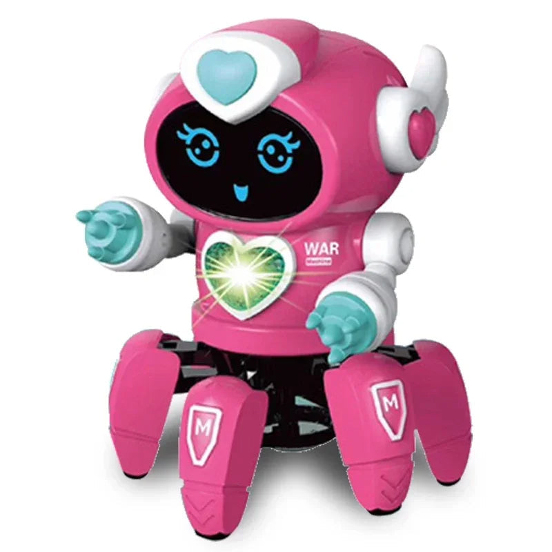 Dark pink toy robot with a heart-shaped chest light and turquoise hands
