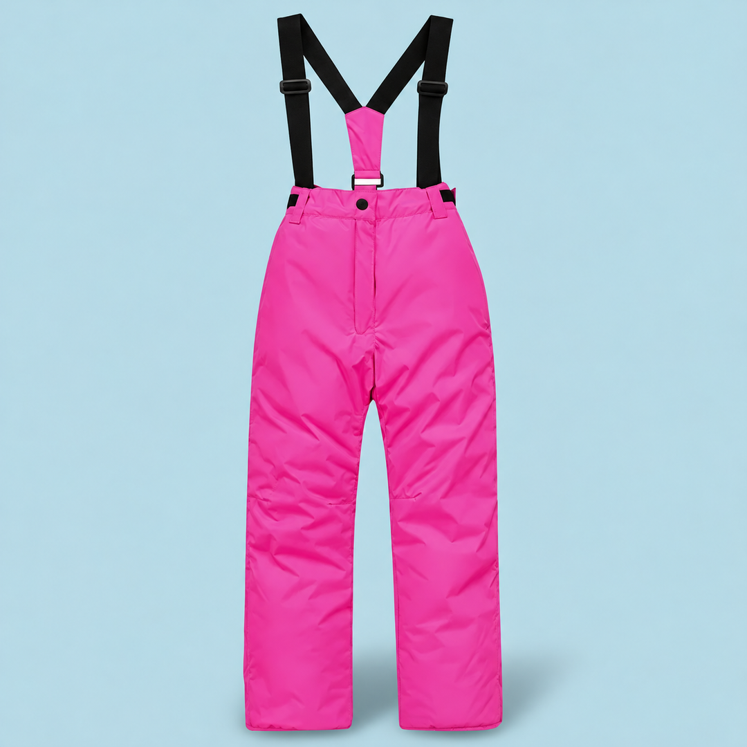 Dark pink ski pants with adjustable black suspenders