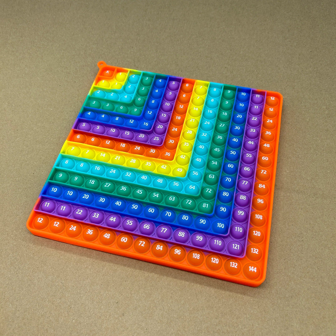 Dark rainbow multiplication fidget board with colorful numbered rows on a textured surface