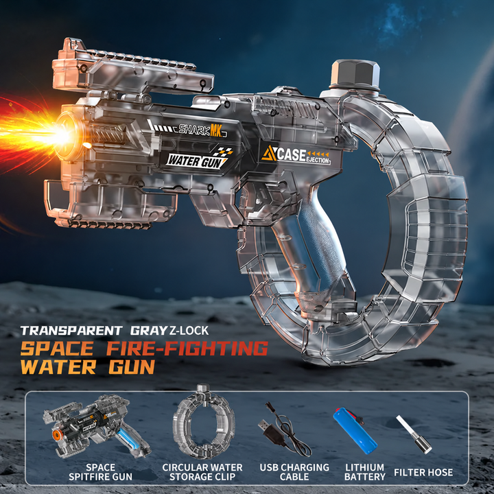 Dark transparent water gun with a circular reservoir and included accessories
