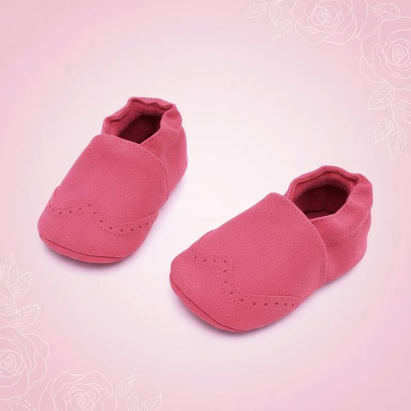 Deep pink baby shoes with gathered ankle openings and brogue-style toe details