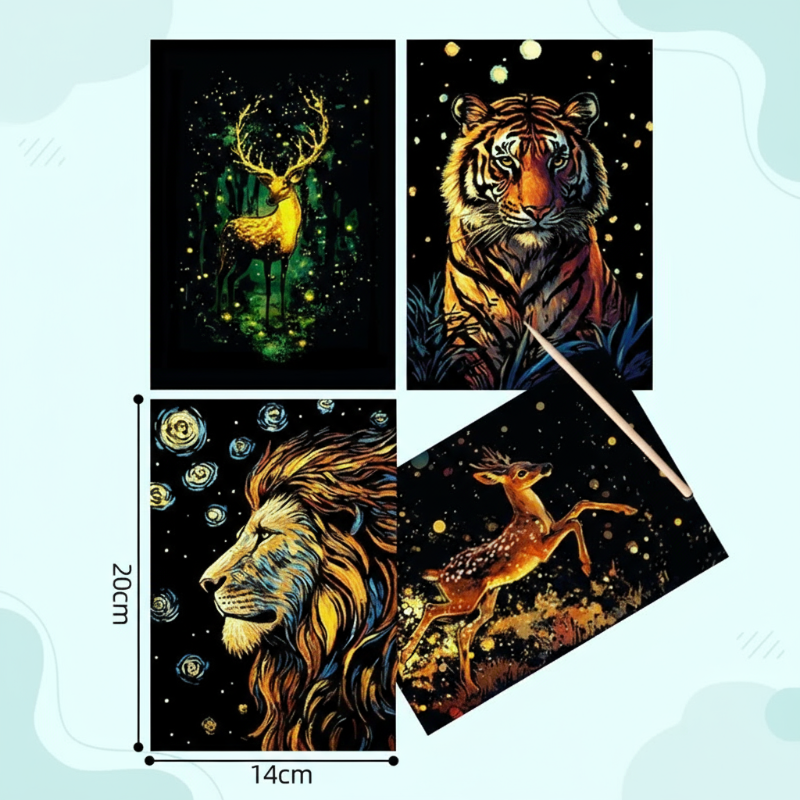 Four animal scratch cards showing deer, tiger, and lion designs with a wooden stylus