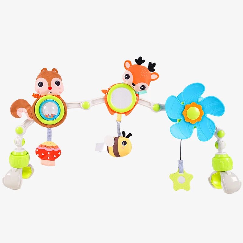 Deer design with a squirrel, hanging bee, blue flower, and green adjustable clips