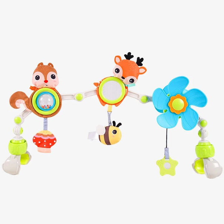 Deer design with a squirrel, hanging bee, blue flower, and green adjustable clips