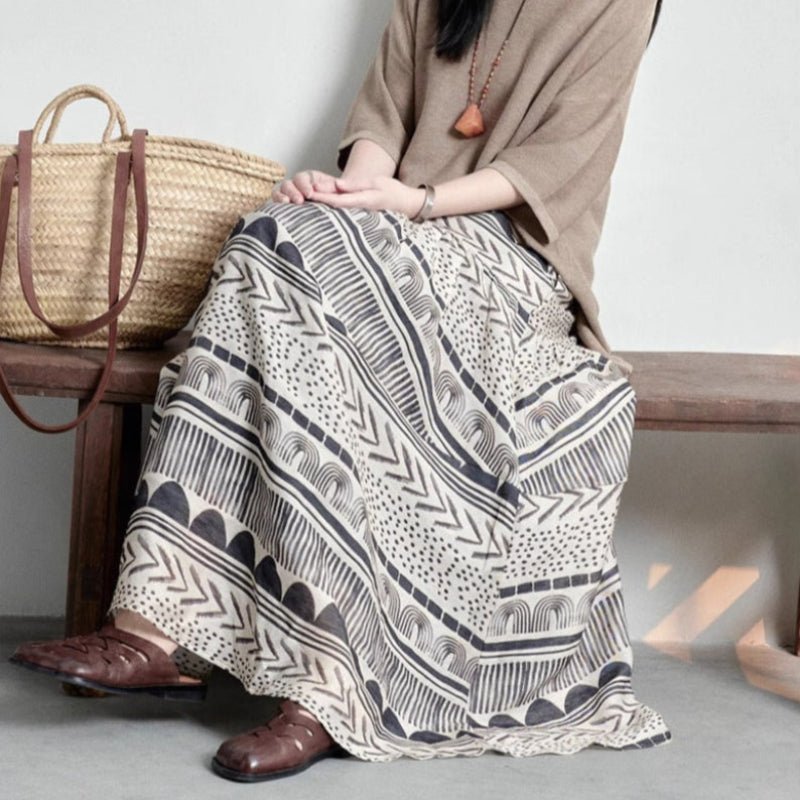 Delara — Breathable Linen Skirt with Bohemian Prints (XS ) - | Zavonix