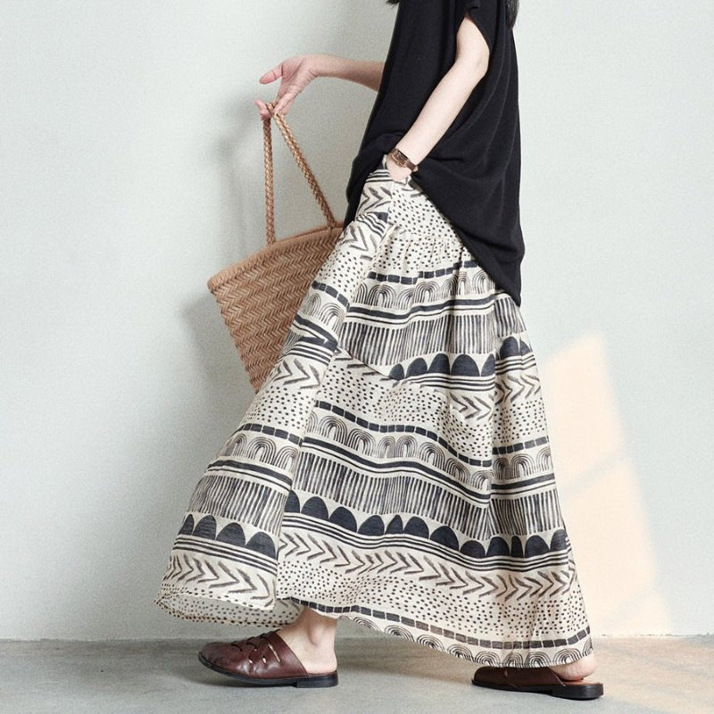 Delara — Breathable Linen Skirt with Bohemian Prints (XS ) - | Zavonix