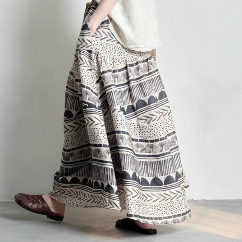 Delara — Breathable Linen Skirt with Bohemian Prints (XS ) - | Zavonix