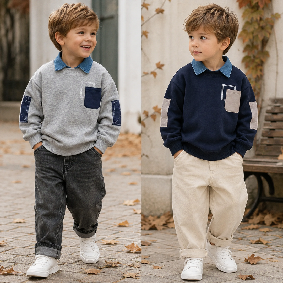 Two boys wearing gray and navy denim-collar sweaters with casual pants outdoors