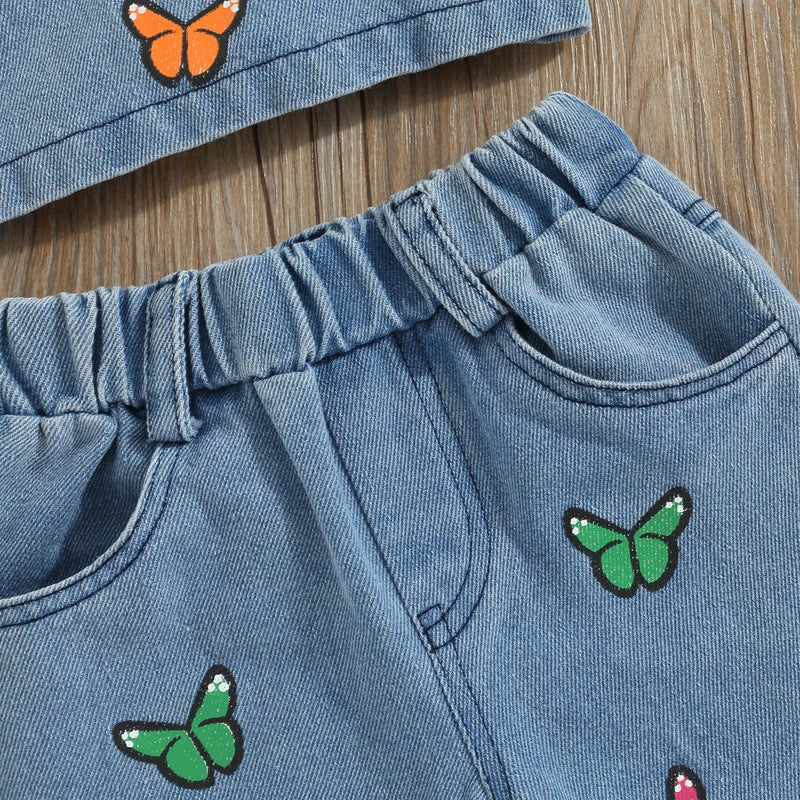 Elastic waistband, belt loops, front pockets, and butterfly embroidery on the denim pants