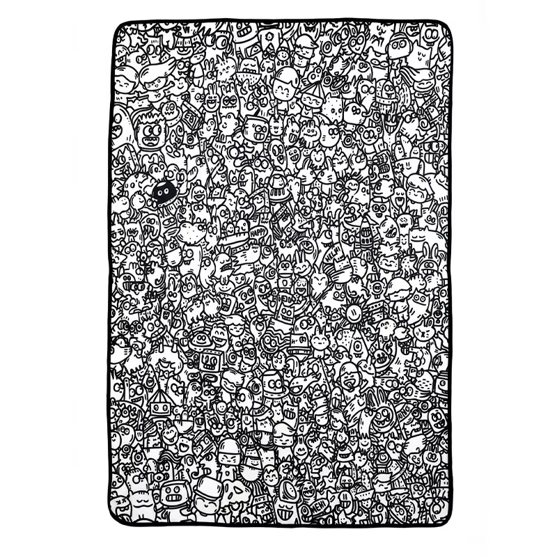 Doodle-design coloring mat filled with small black-and-white characters