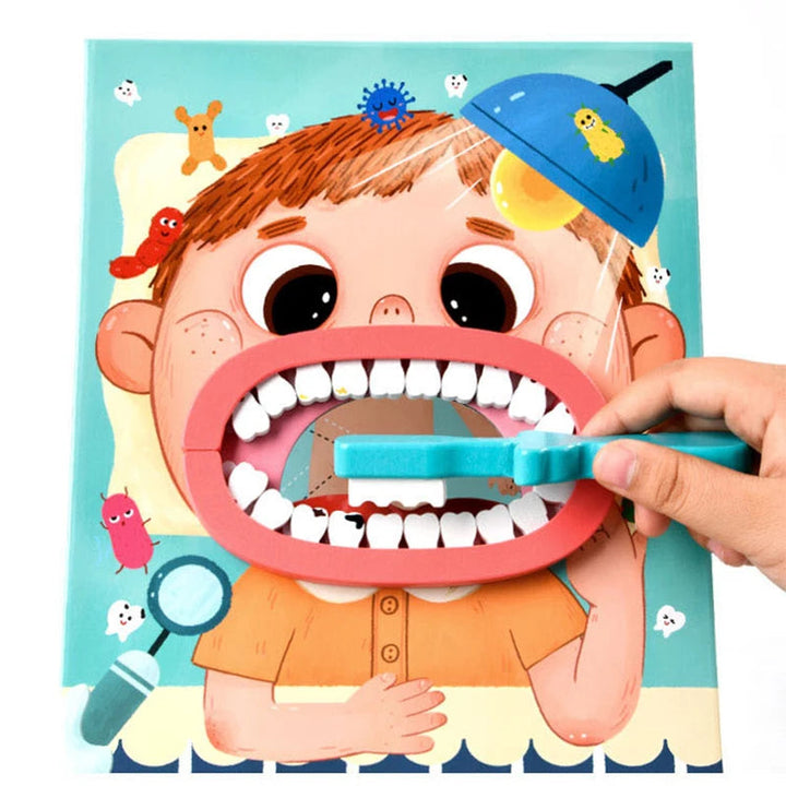 Toy toothbrush brushing the removable teeth on an illustrated dentist play board