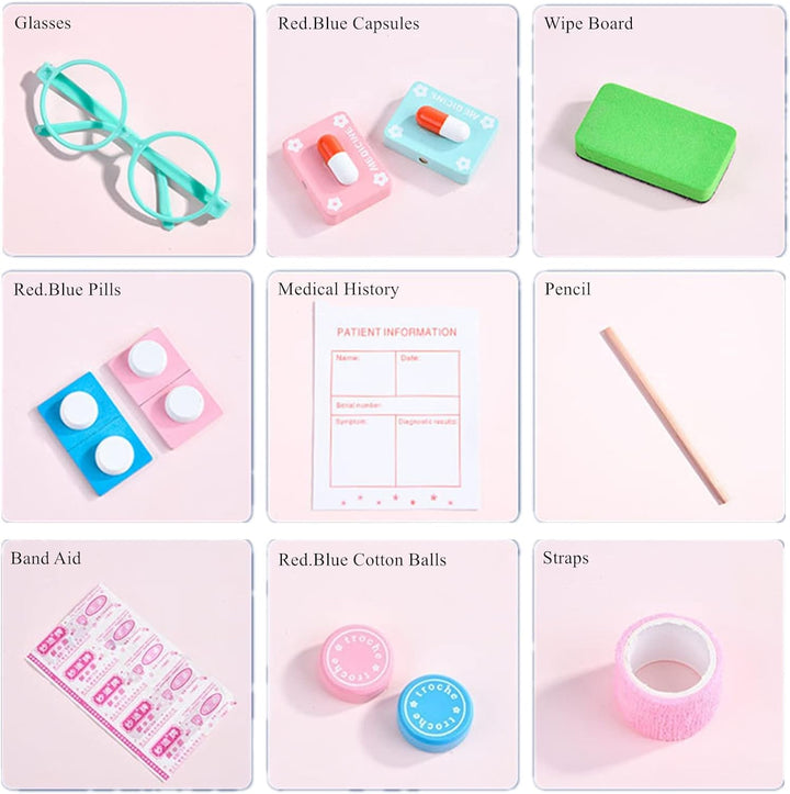 Pretend glasses, toy pills, patient form, pencil, and small accessories for dentist role play