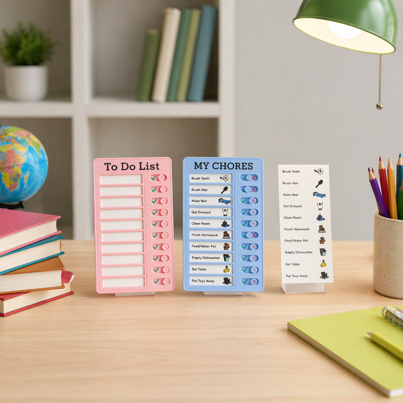 Pink and blue chore boards beside a printed list of daily tasks on a desk.