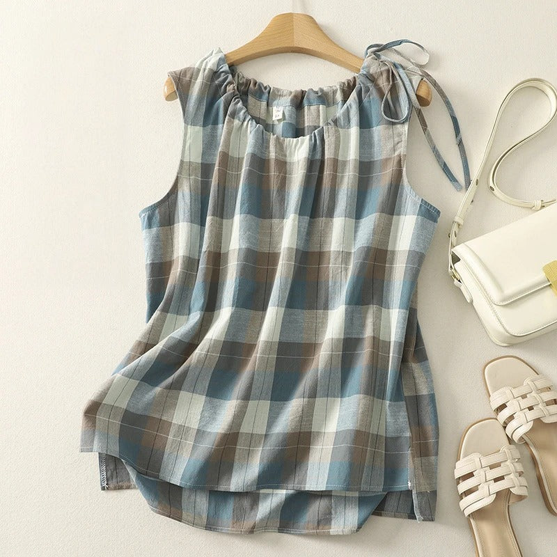 Sleeveless Linen Top with Adjustable Neckline and Curved Hem