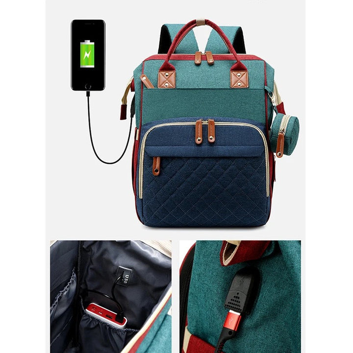 Diaper backpack with a phone connected to its charging port and close-ups of the cable connection