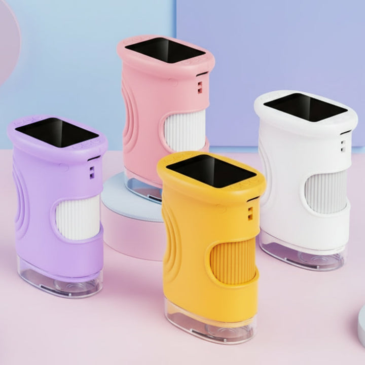 Handheld digital microscopes in purple, pink, yellow, and white with top-mounted screens