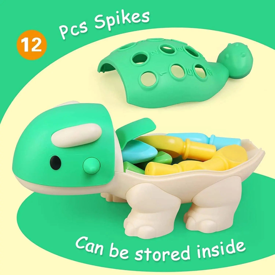 Dinosaur toy with its back lifted to show colorful spikes stored inside