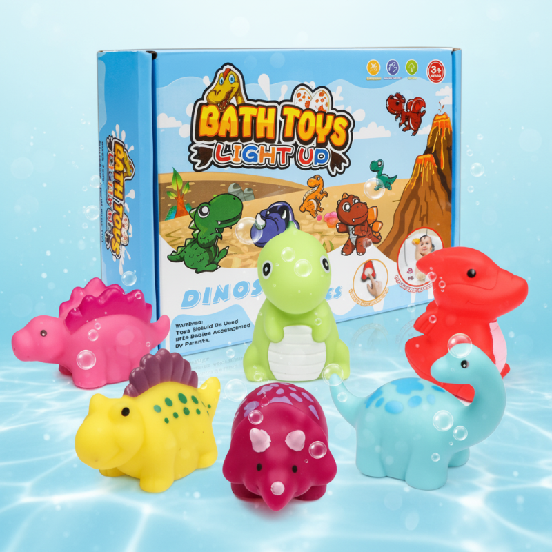 Six colorful dinosaur bath toys arranged in front of their box