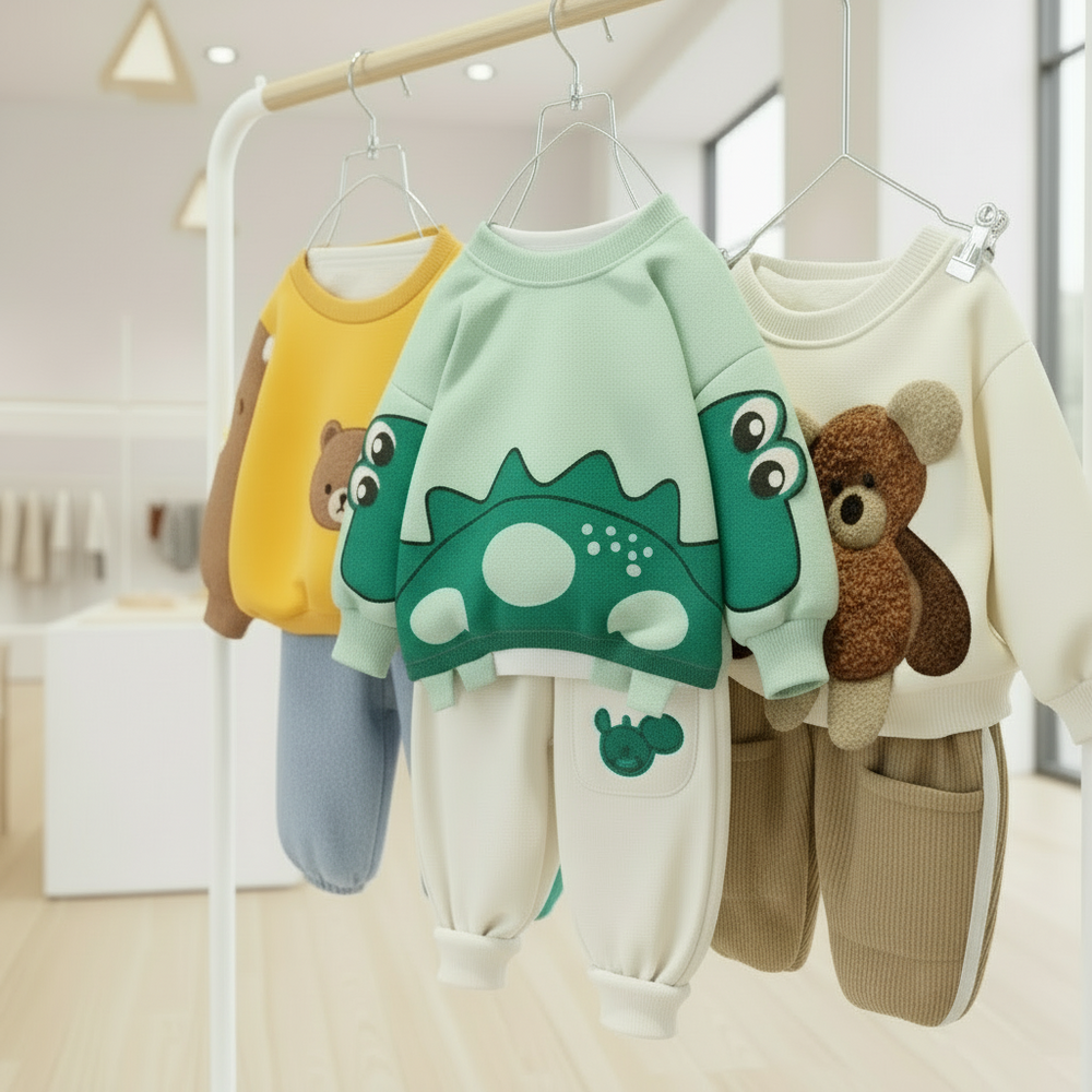 Animal-themed outfits hanging on a rack, with a green dinosaur set in front and a cream bear set beside it.